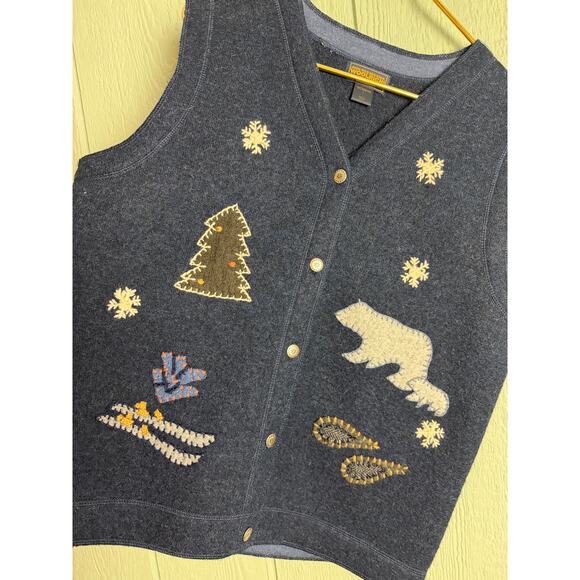 Vintage 90s Woolrich 100% Wool Winter Vest LG – Polar Bear, Snowshoes, Ski Scene - Picture 2 of 6
